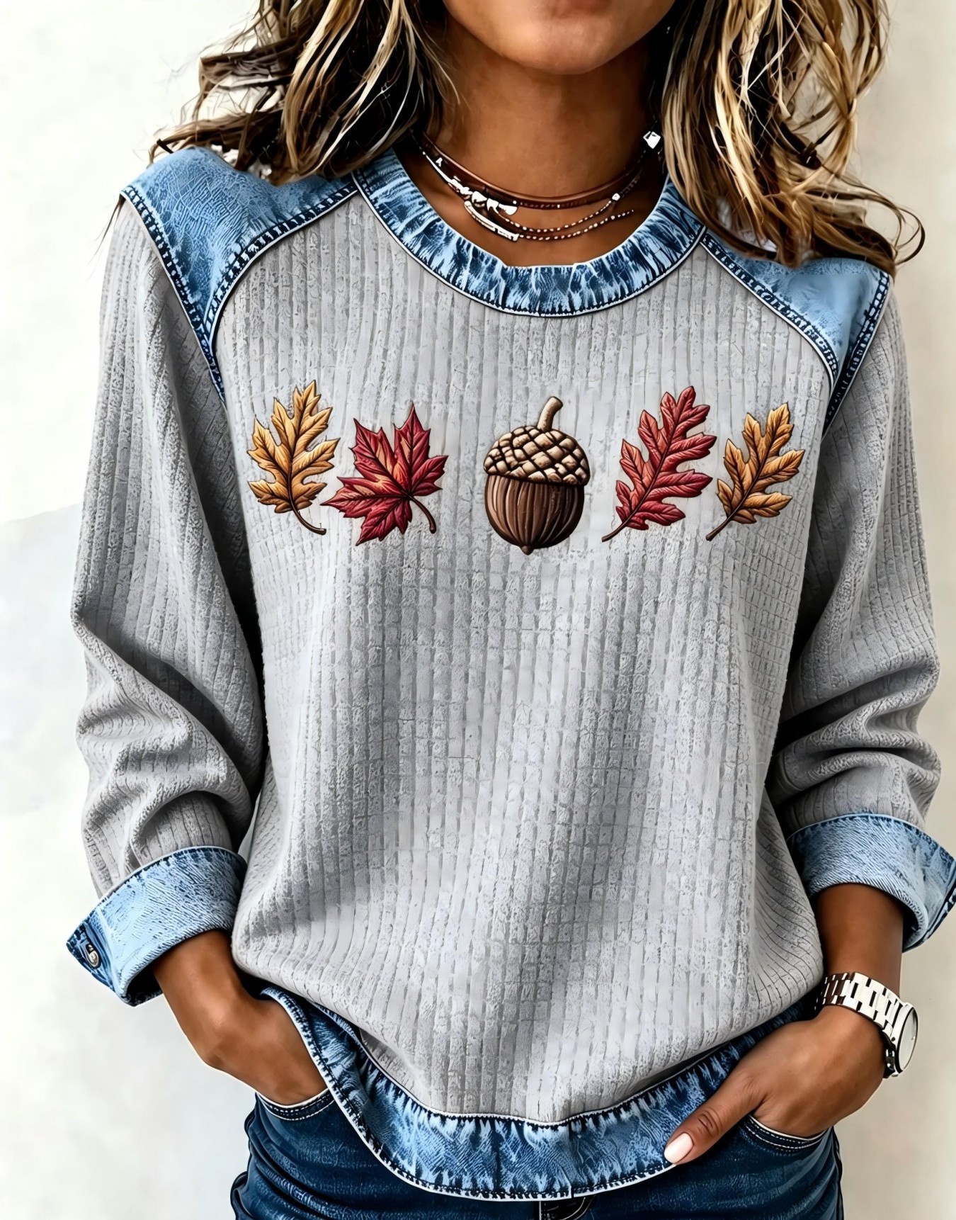 Nut Leaf Maple Print Crewneck Long Sleeve Pullover Sweatshirt