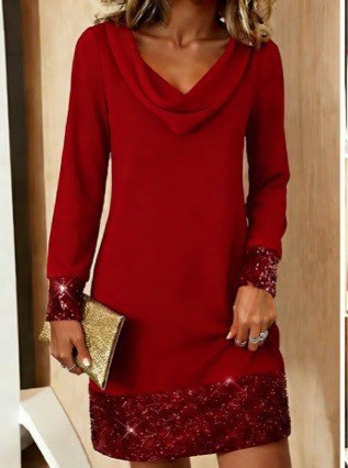 Women's Wave Cowl Neck Long Sleeve Mesh Sequin Party Dress