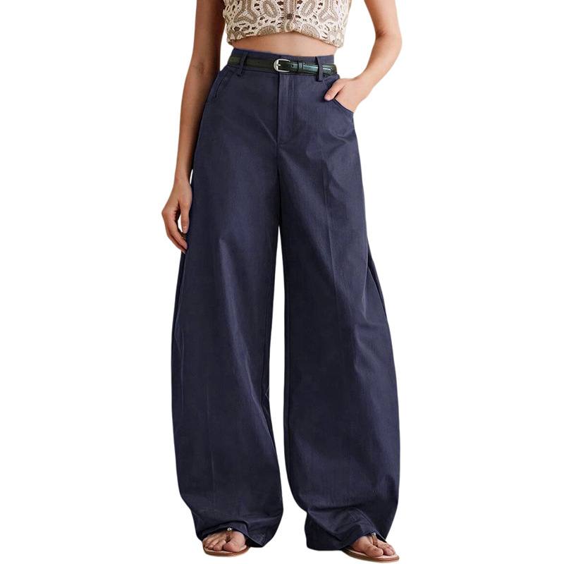 Women's Solid Curved Wide-Leg Pants Loose Straight Casual Trousers