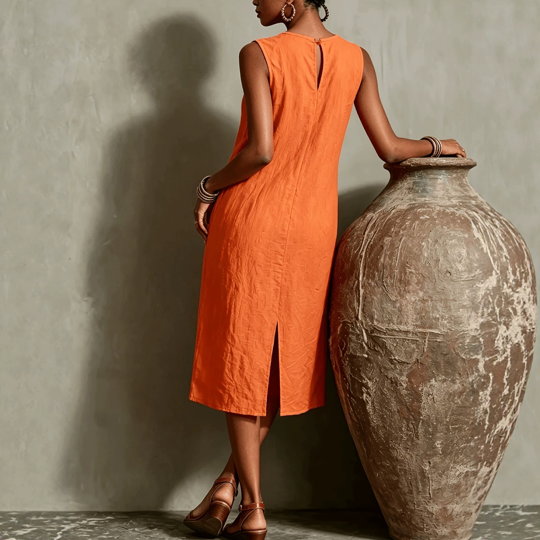 Solid Sleeveless Midi Tank Dress Round Neck Straight Vacation