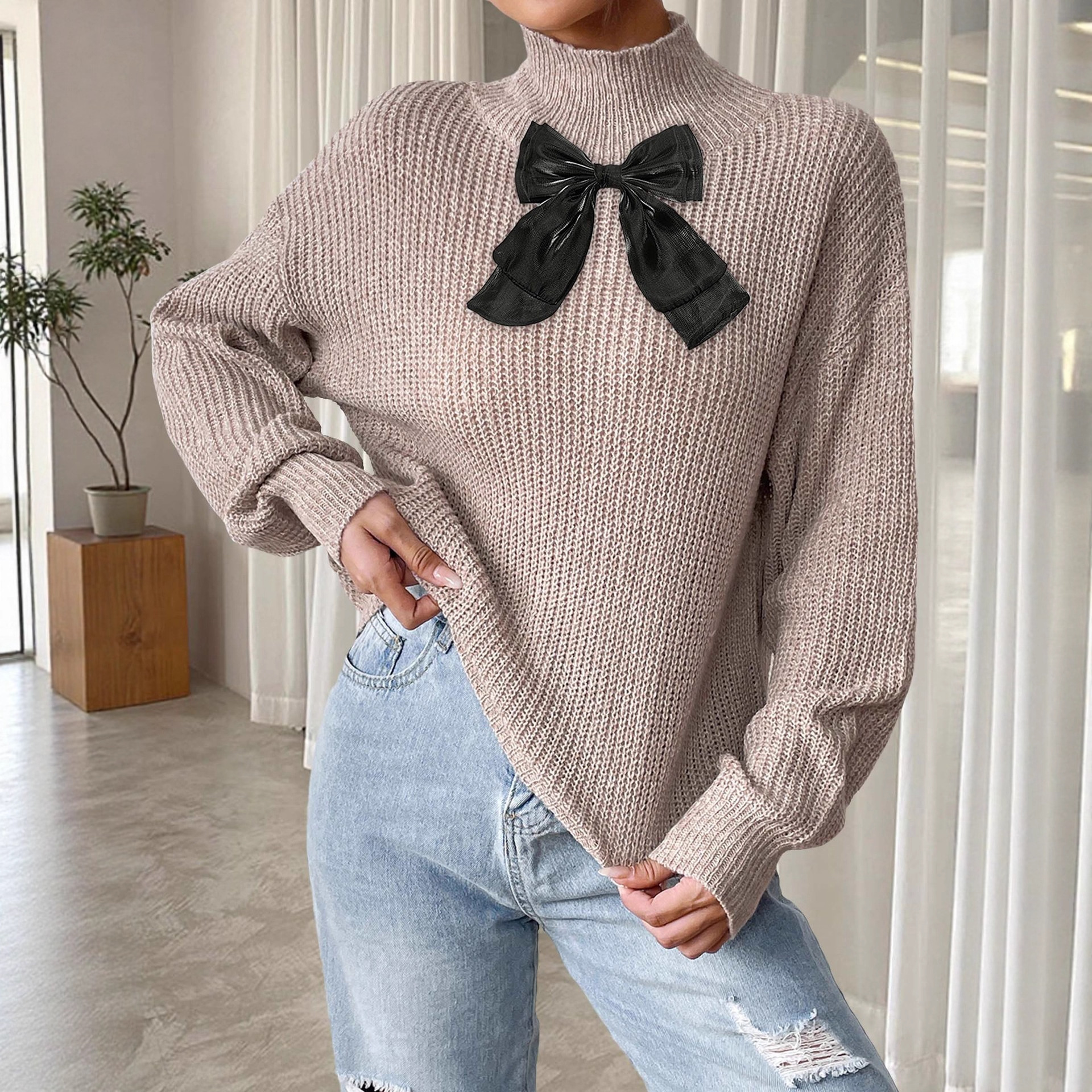 Women's Half-Turtleneck Pullover Sweater with Black Mesh Bow Colorblock