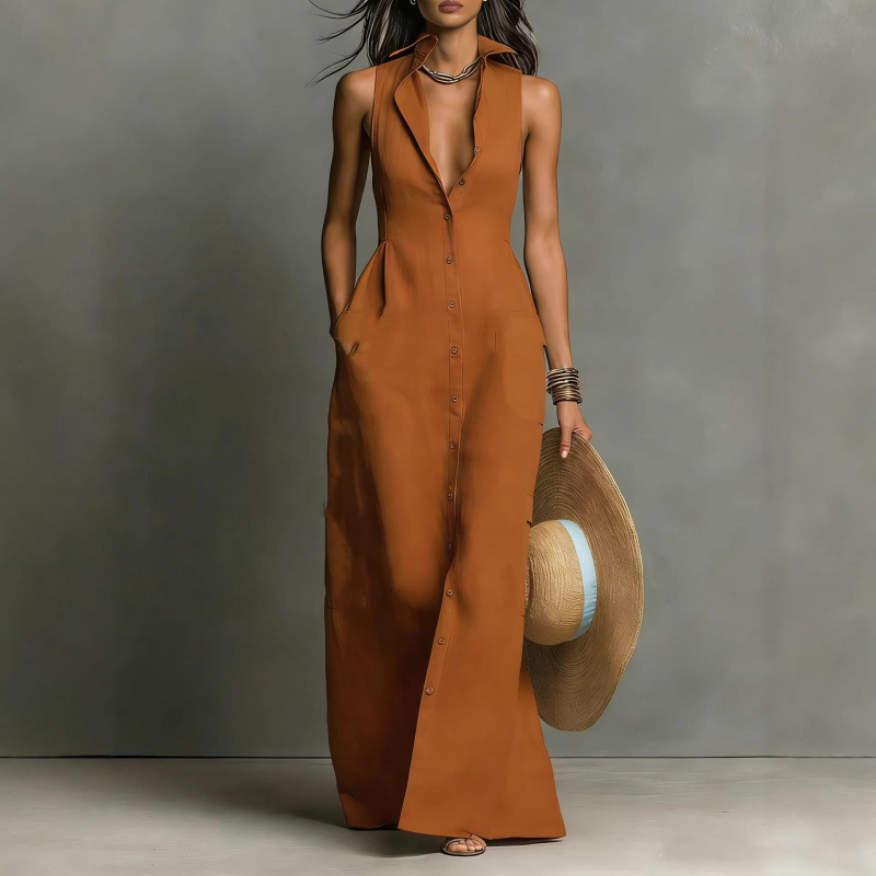Sleeveless Button-Front Shirt Dress with Collar