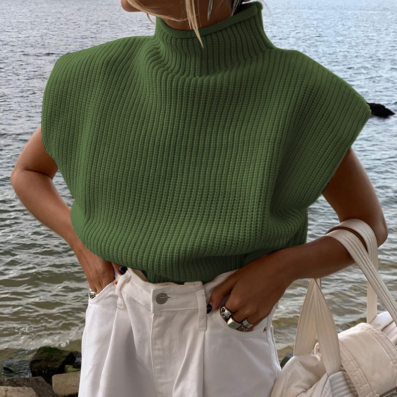 Women's High Neck Short Sleeve Knit Top Solid Color