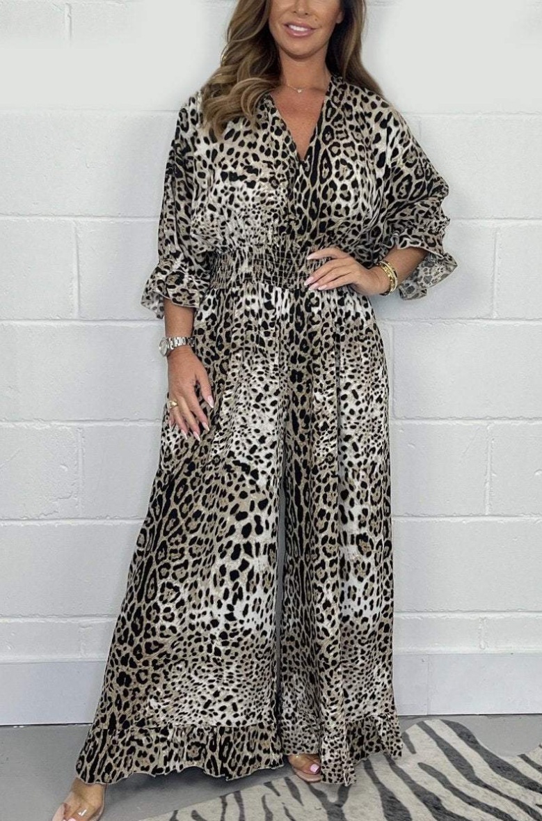 Leopard Print Wide-Leg Jumpsuit Casual Half-Sleeve