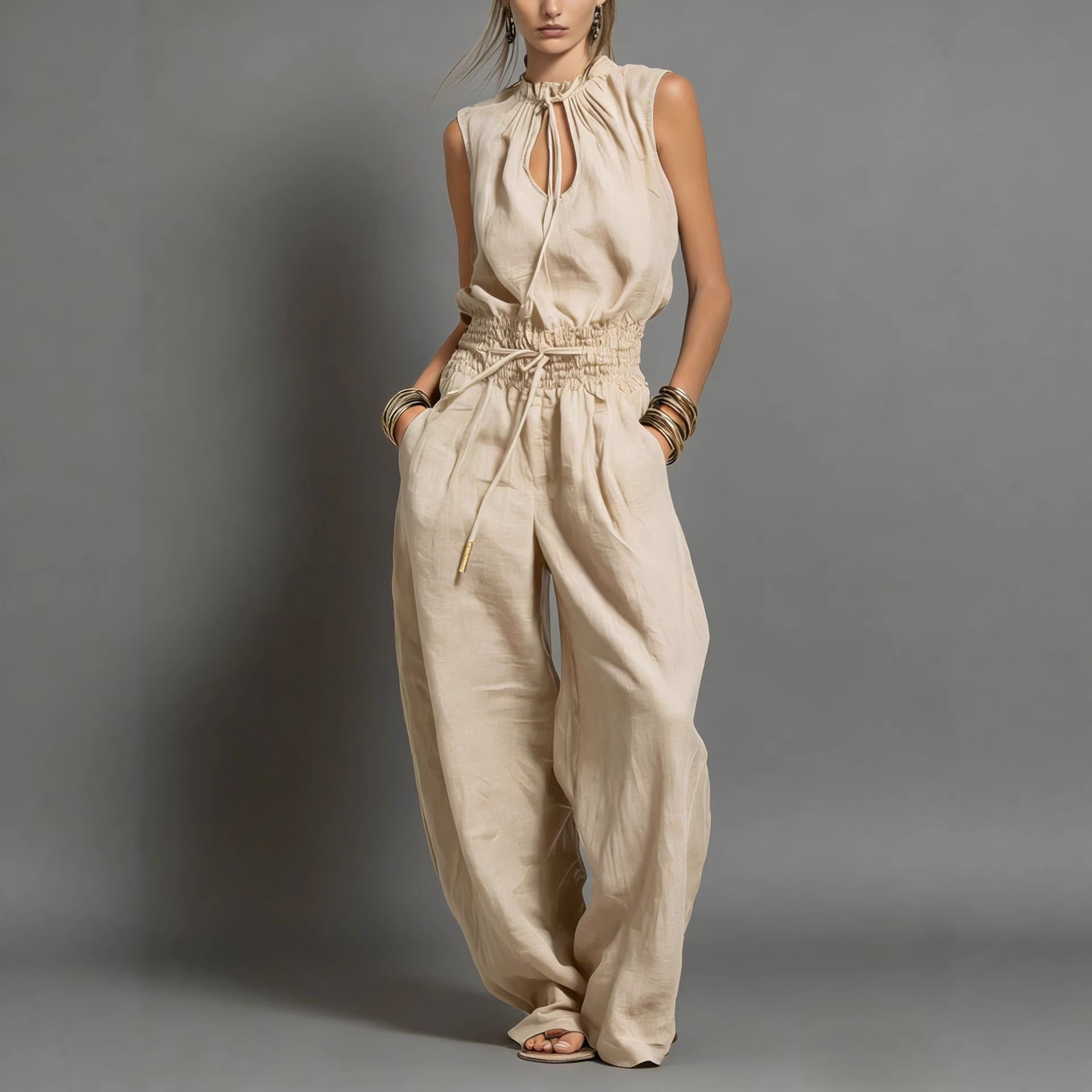 Women's Sleeveless Wide-Leg Jumpsuit with Cinched Waist Streetwear