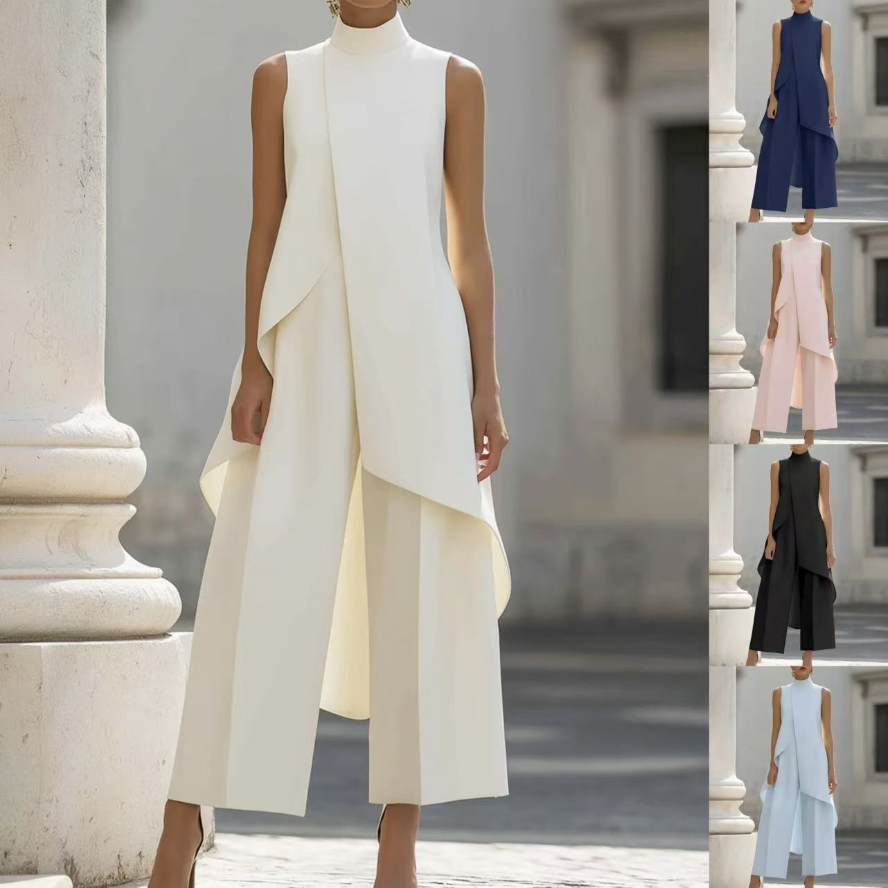 Women's High Neck Sleeveless Layered Wide Leg Jumpsuit Two-Piece Set