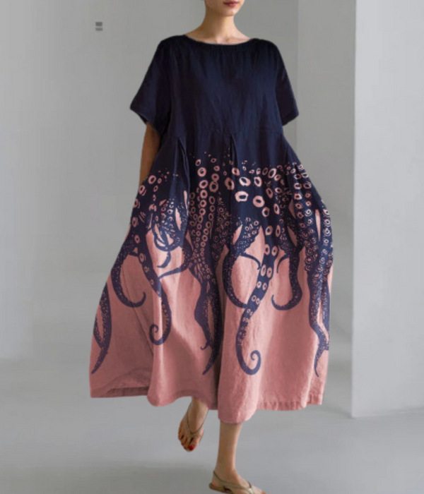 Women's Vintage Floral Print A-Line Midi Dress with U-Neck and Short Sleeves