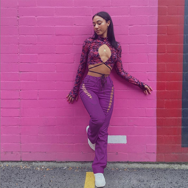 High-Waist Cutout Lace-Up Straight-Leg Slimming Faux Leather Pants