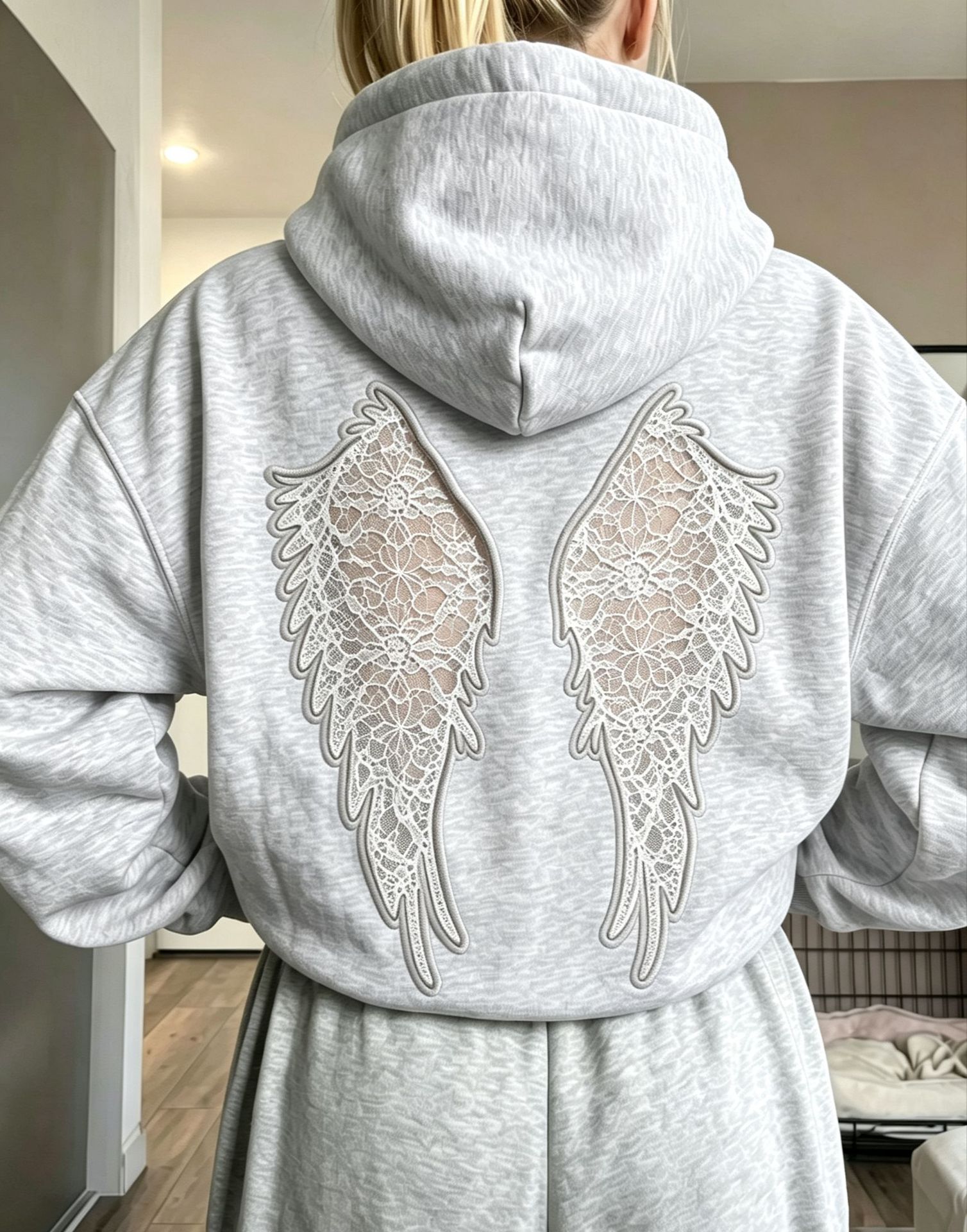 Women's Casual Hooded Cutout Embroidered Wing Long-Sleeve Sweatshirt