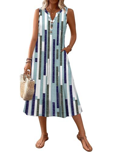 Women's Retro Striped Sleeveless Midi Dress Casual Fit