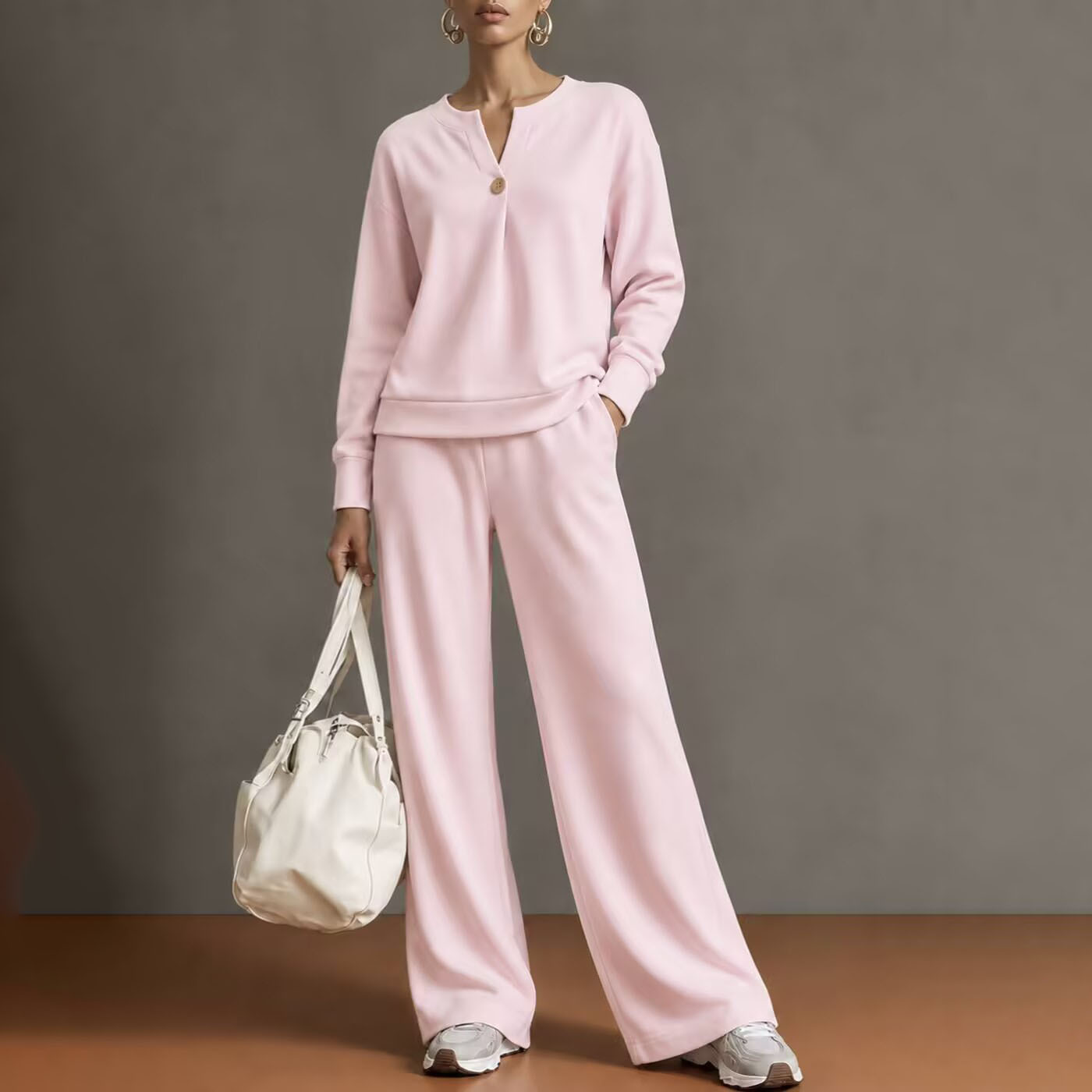 Women's Casual Solid Color Stand Collar Cardigan Sweatshirt and Wide-Leg Pants Set
