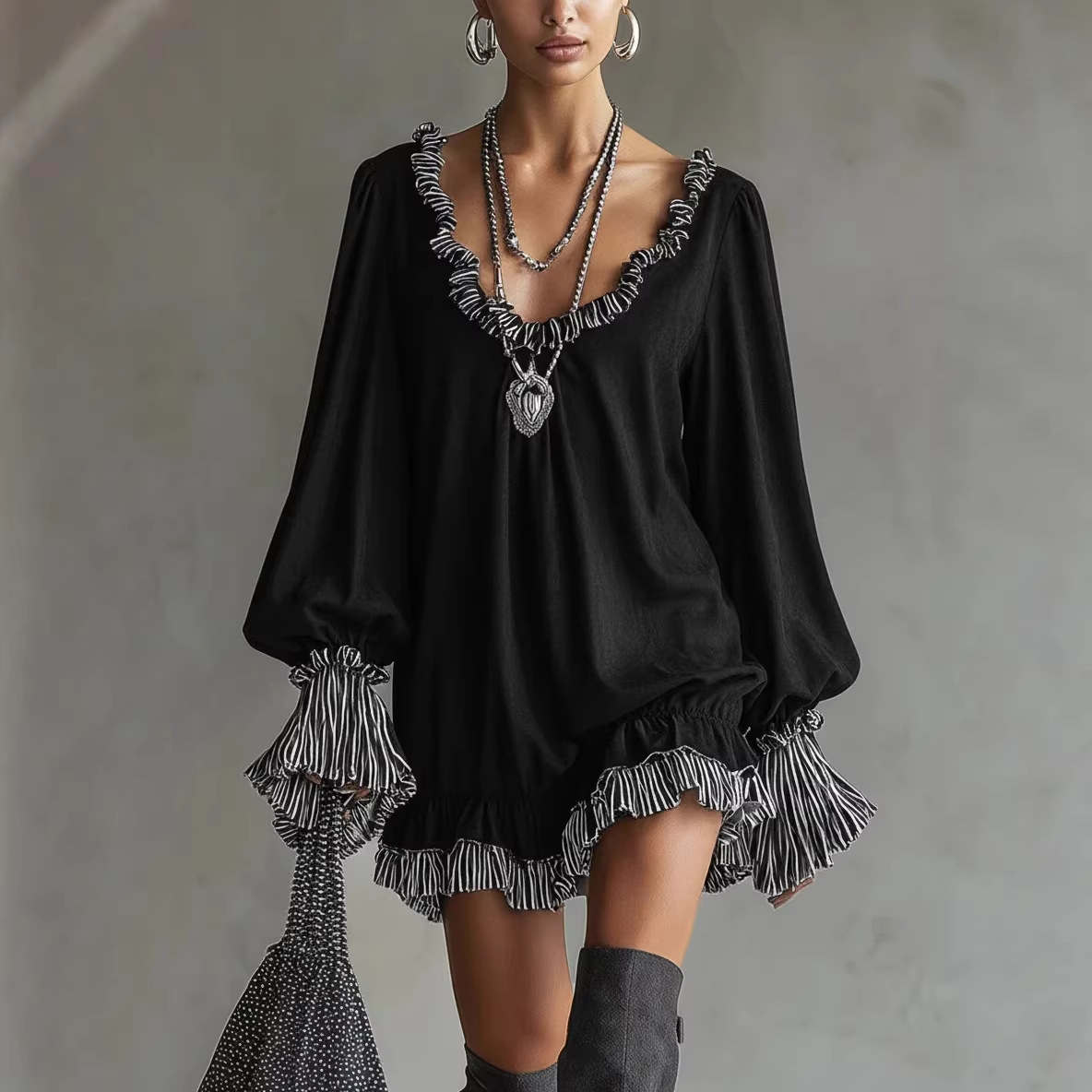 Black Ruffle-Trim Princess Dress Slimming Short A-Line