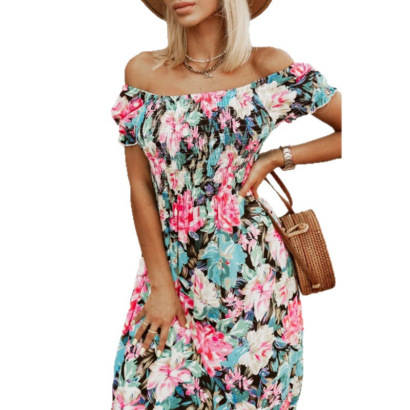 Printed High-Waist Fitted Dress with Asymmetric One-Shoulder and Ruffled Sleeves
