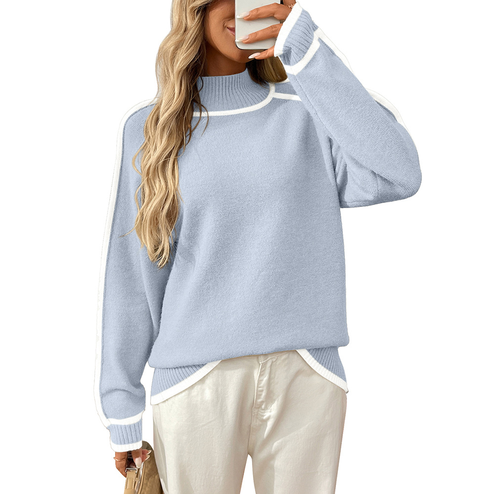 Half-Turtleneck Color-Block Pullover Sweater