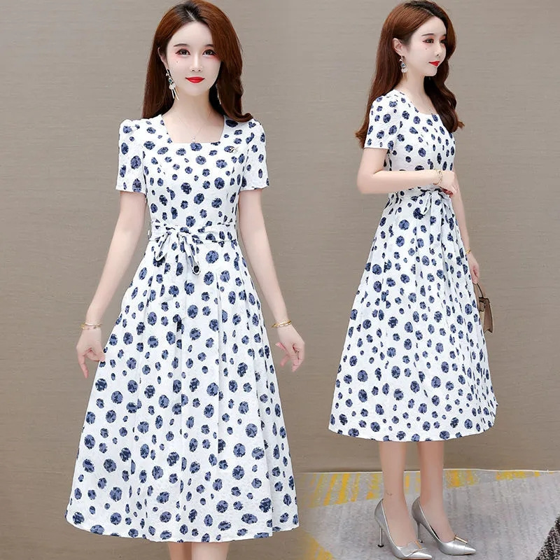 Women's Short Sleeve Polka Dot Print Midi Dress