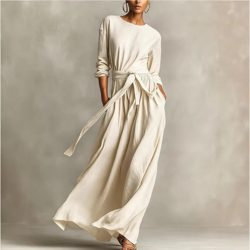Women's Elegant Brown Woven Long Sleeve Round Neck Dress