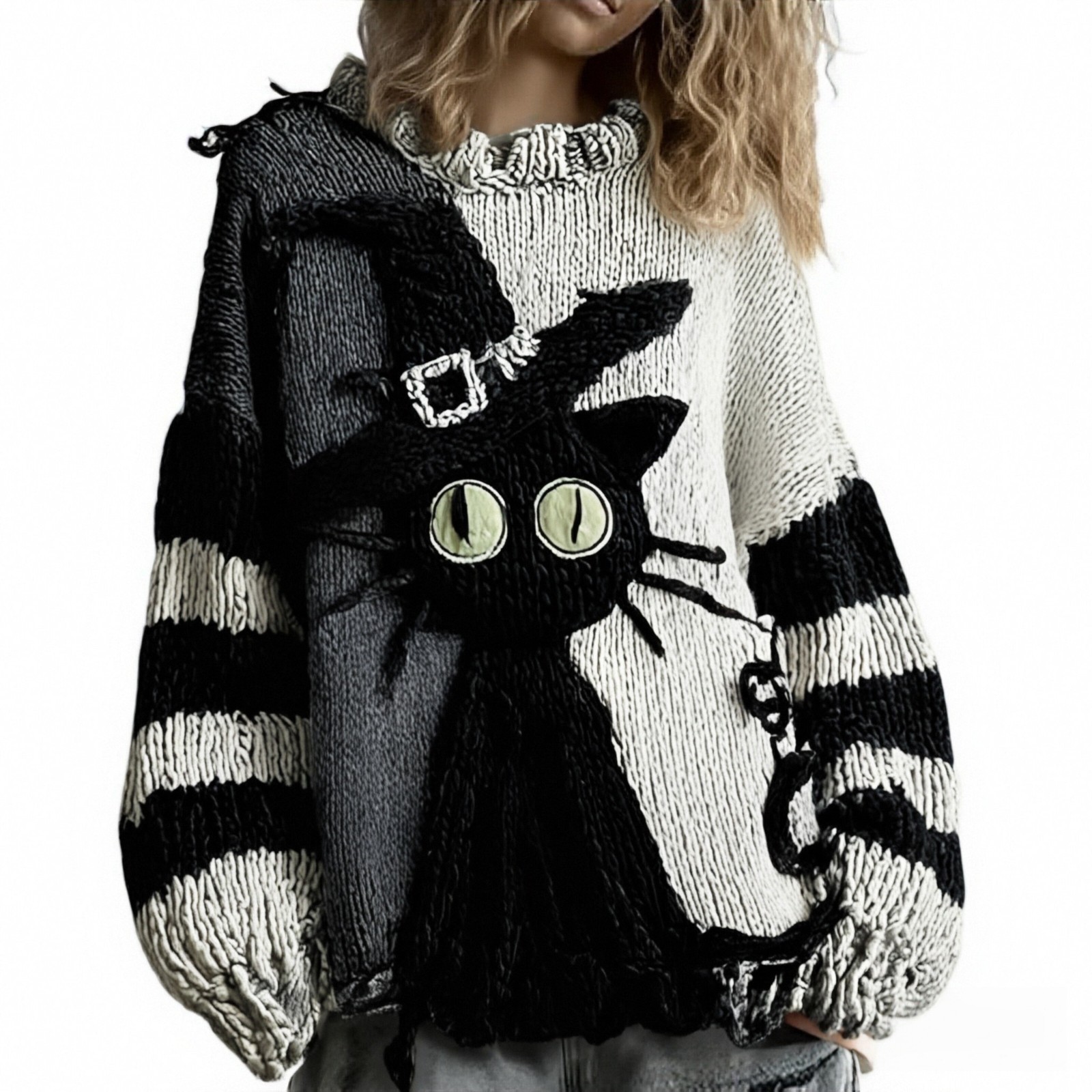 Women's Evil Smiley Cat Print Crewneck Sweatshirt