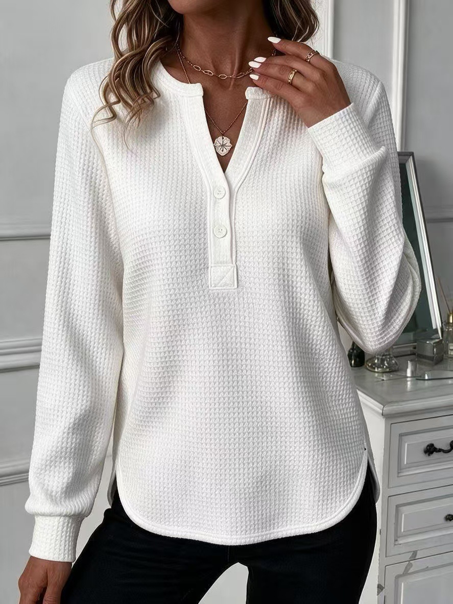 Waffle Knit V-Neck Button Long Sleeve Loose Fit Top
