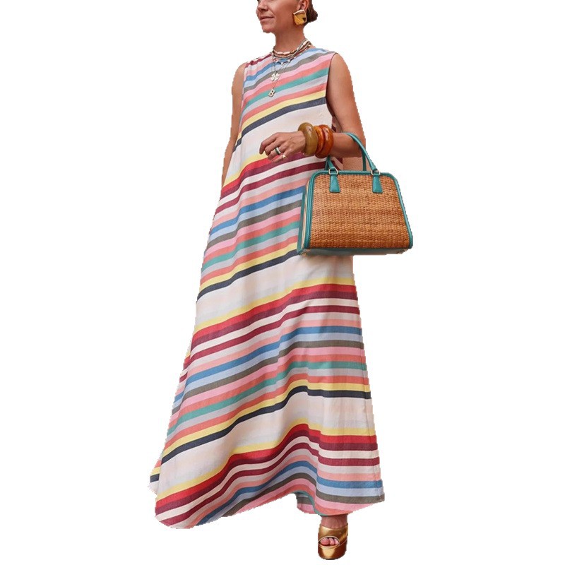 Rainbow Striped Sleeveless Round Neck Dress
