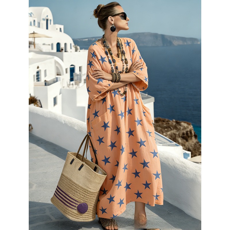 Women's Animal Print A-Line Midi Dress Long Sleeve Crew Neck Casual