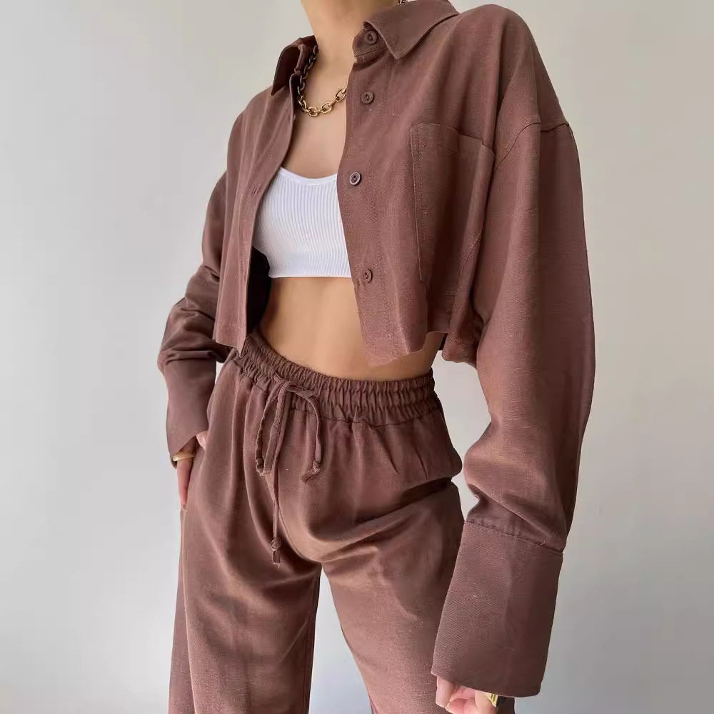 Solid Color Long Sleeve Cropped Shirt and Drawstring Pants Set