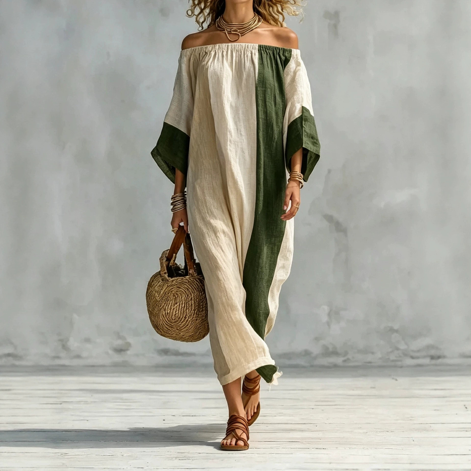 Women's Off-Shoulder Color-Block Long Dress Casual Loose Fit