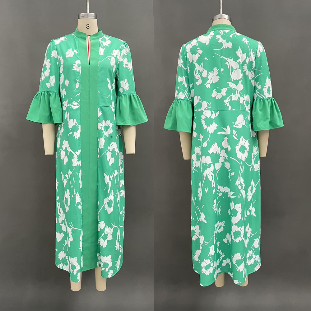 French Puff Sleeve Floral Print Deep V-Neck Green Maxi Dress