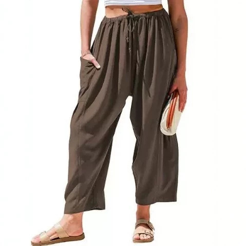 Women's Cotton-Linen Straight-Leg Cropped Pants with Elastic Waist and Pleats, Breathable Casual