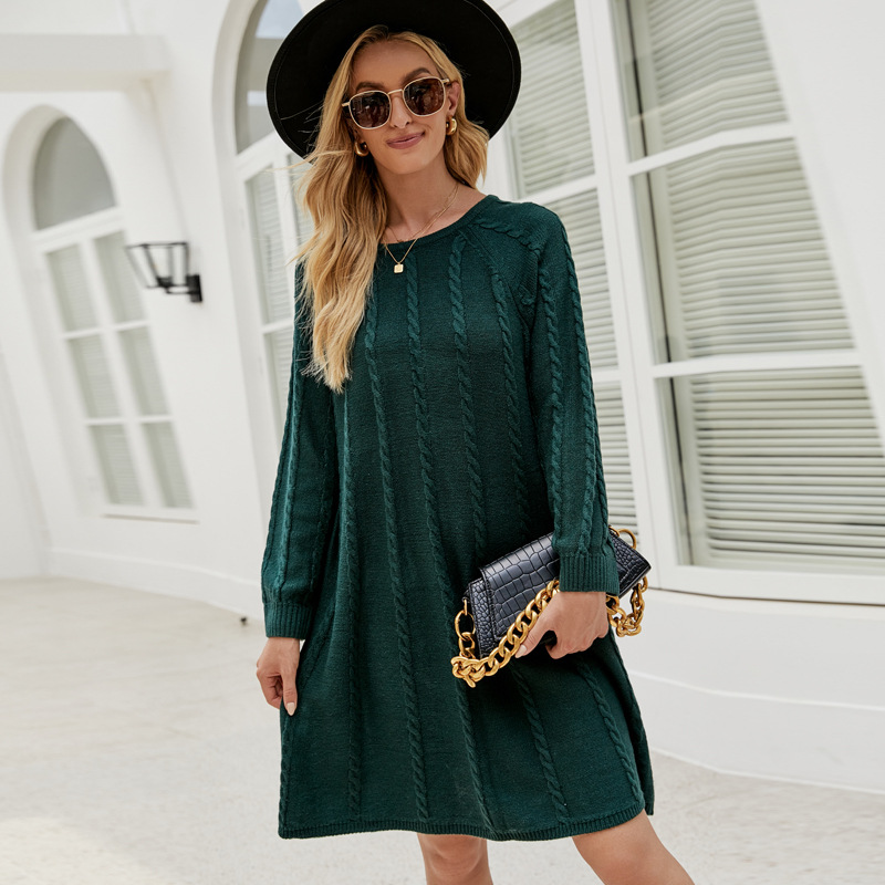 Women's Cable Knit A-Line Sweater Dress Crew Neck Long Sleeve Loose Fit