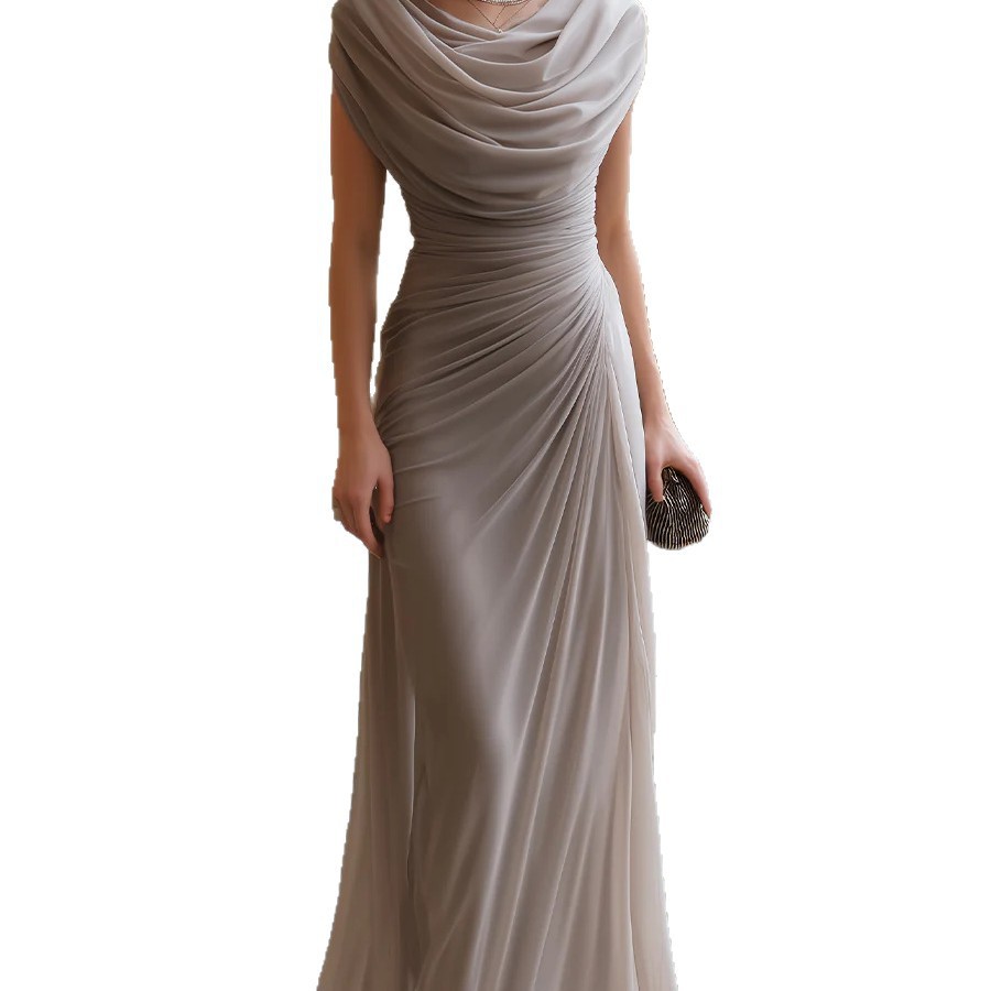 Women's Slim Fit Draped Neck Ruched Long Dress