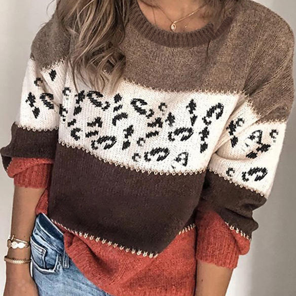 Leopard Print Patchwork Knit Pullover Sweater
