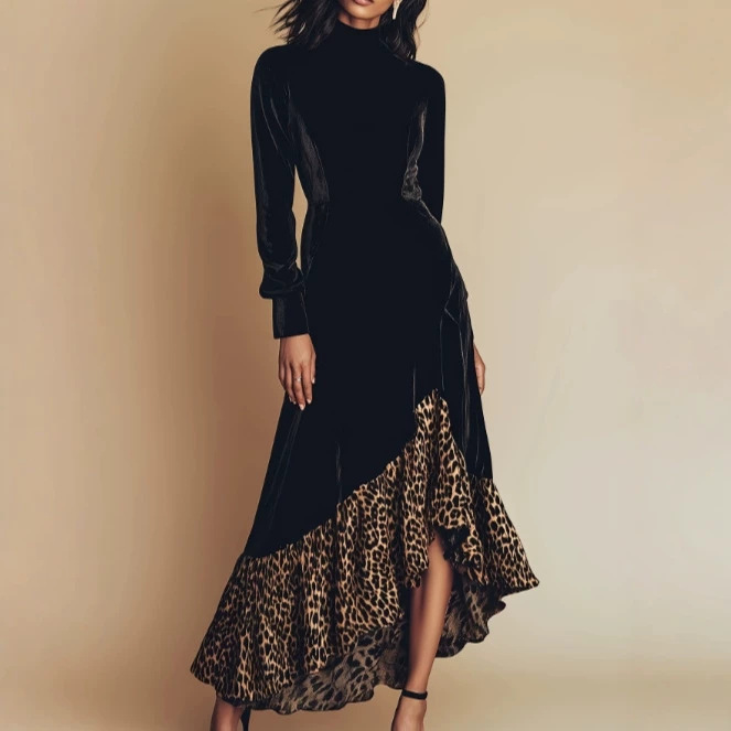 Western Style Leopard Print Patchwork Zip Dress