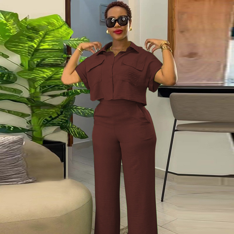 Women's Casual Short Sleeve Button-Front Shirt and Wide-Leg Pants Set