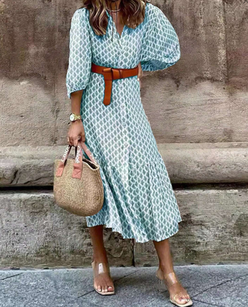 Floral Print V-Neck Lantern Sleeve Slit Dress
