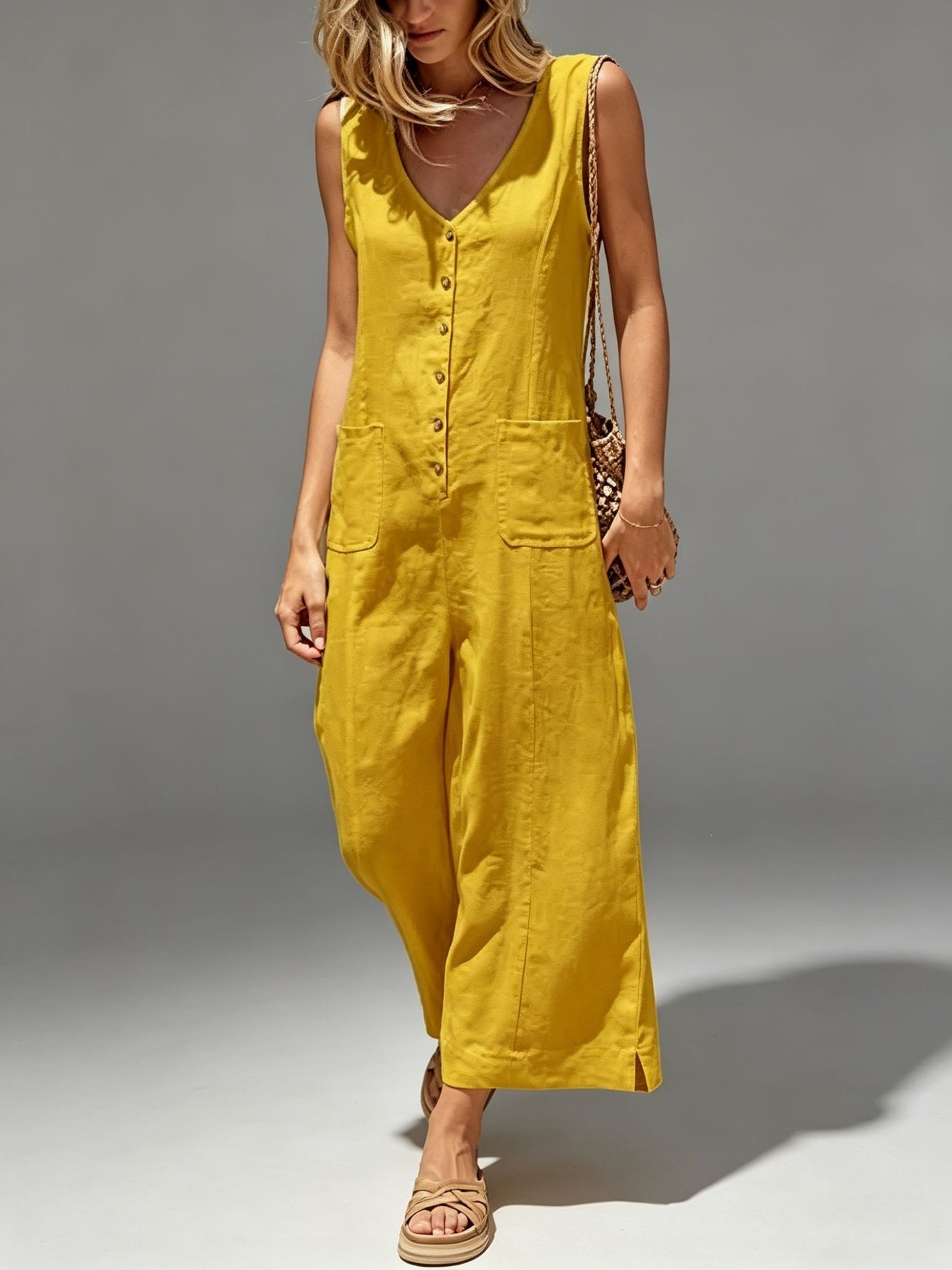 Women's Sleeveless Button-Front Wide-Leg Jumpsuit with Pockets