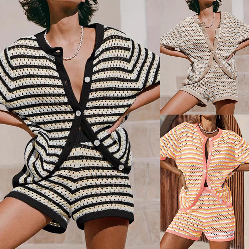 Women's Striped Knit Cardigan & Shorts Set with Collar