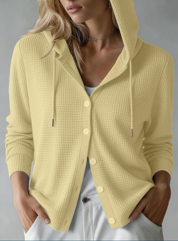 Waffle Knit Hooded Button-Front Cardigan