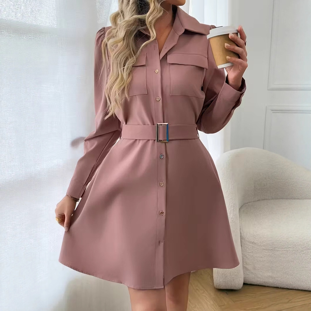 Elegant Puff Sleeve Belted Shirt Dress with Pockets