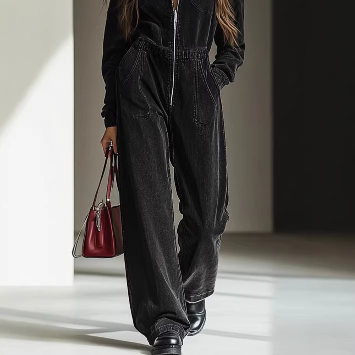 Relaxed Vintage Denim Hooded Jumpsuit with Elastic Waist and Zip