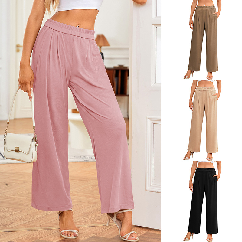 High-Waist Wide-Leg Knit Pants Casual Loose Straight
