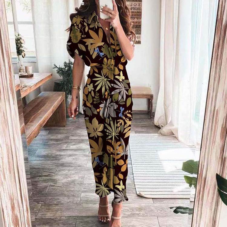 Women's Asymmetrical Midi Dress V-Neck Short Sleeve High Waist