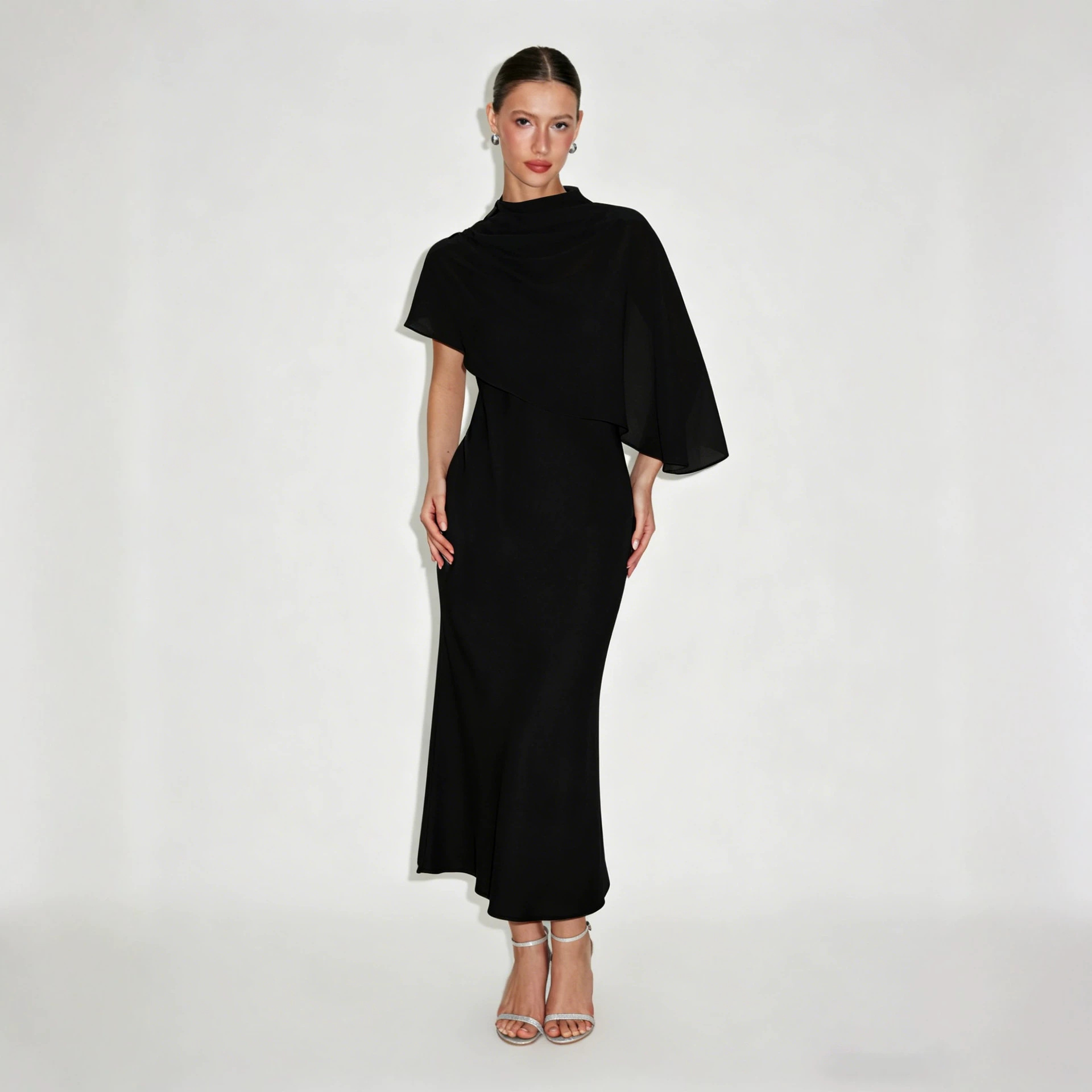 Light Luxury Cape-Style Chiffon Midi Dress Slimming Sleeveless