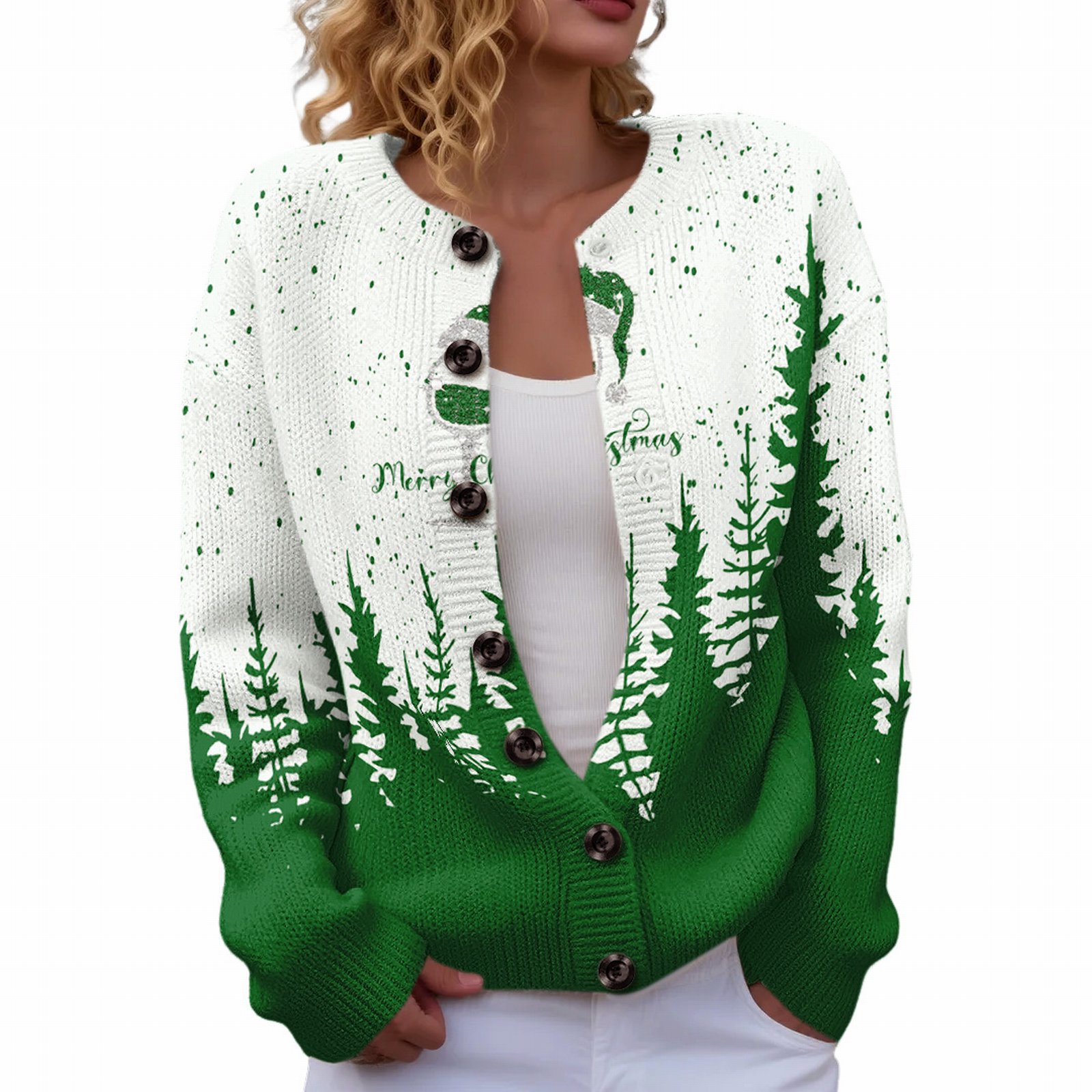 Women's Christmas Reindeer Forest Print Button Cardigan Sweater