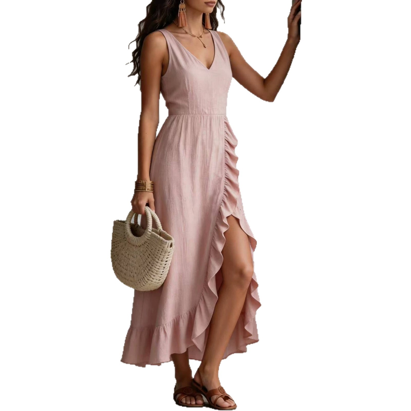 Bohemian V-Neck Sleeveless Ruffle Slit Maxi Dress