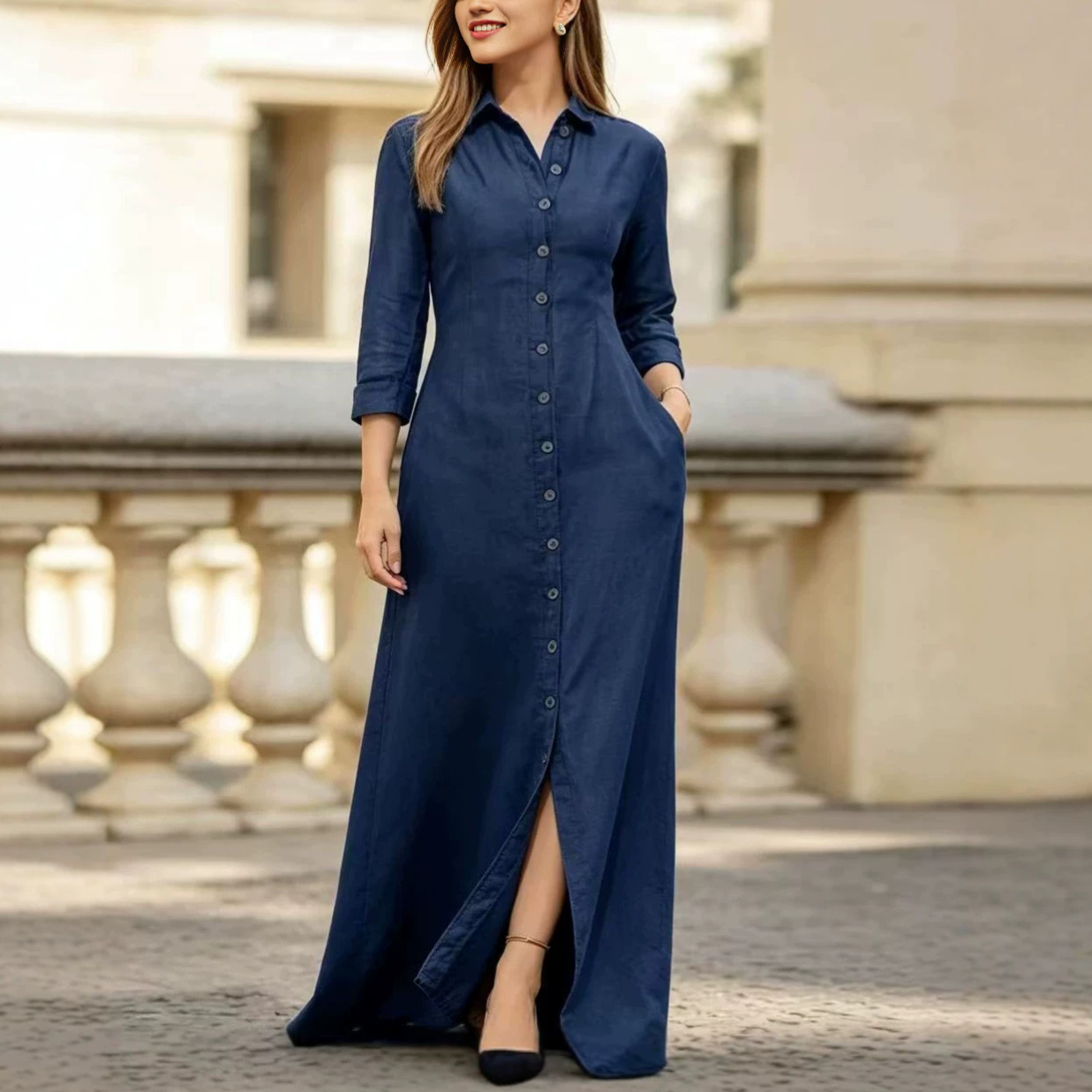 Women's Collared Button-Front Denim Shirt Dress Long A-Line Waist Pocket