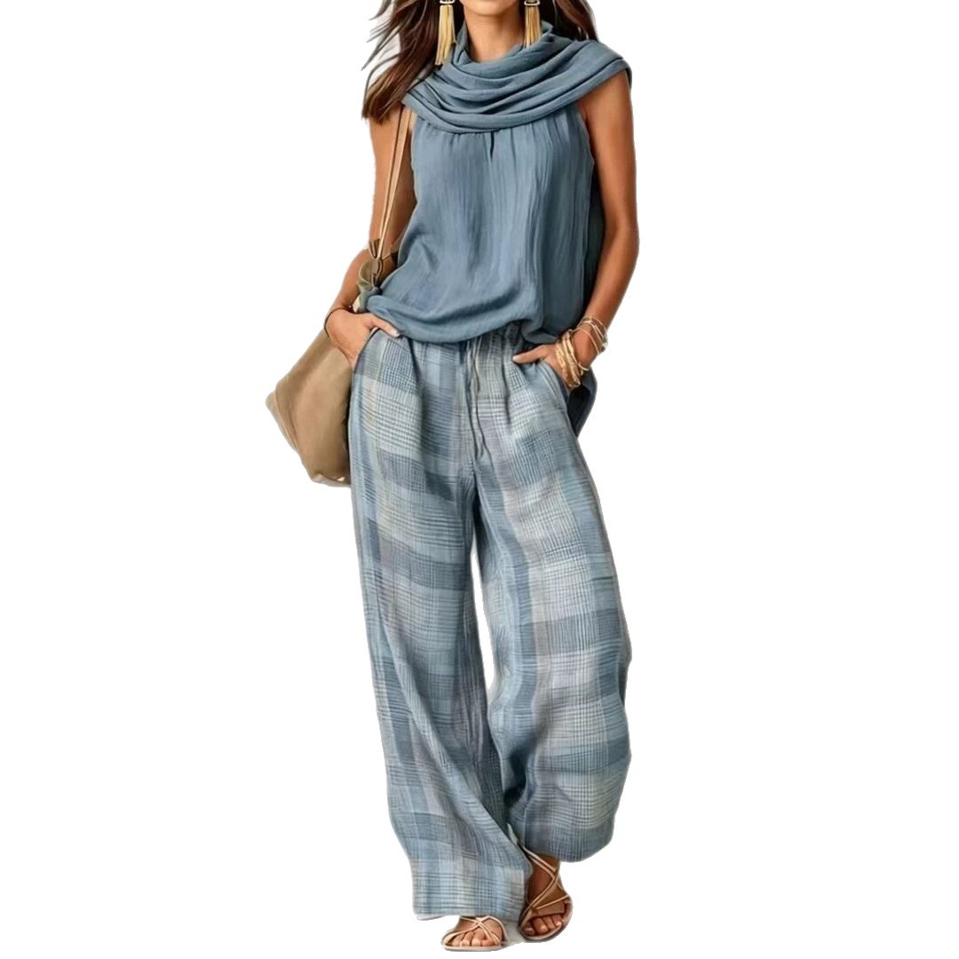 Women's Retro Sleeveless Top and Plaid Pants Two-Piece Set