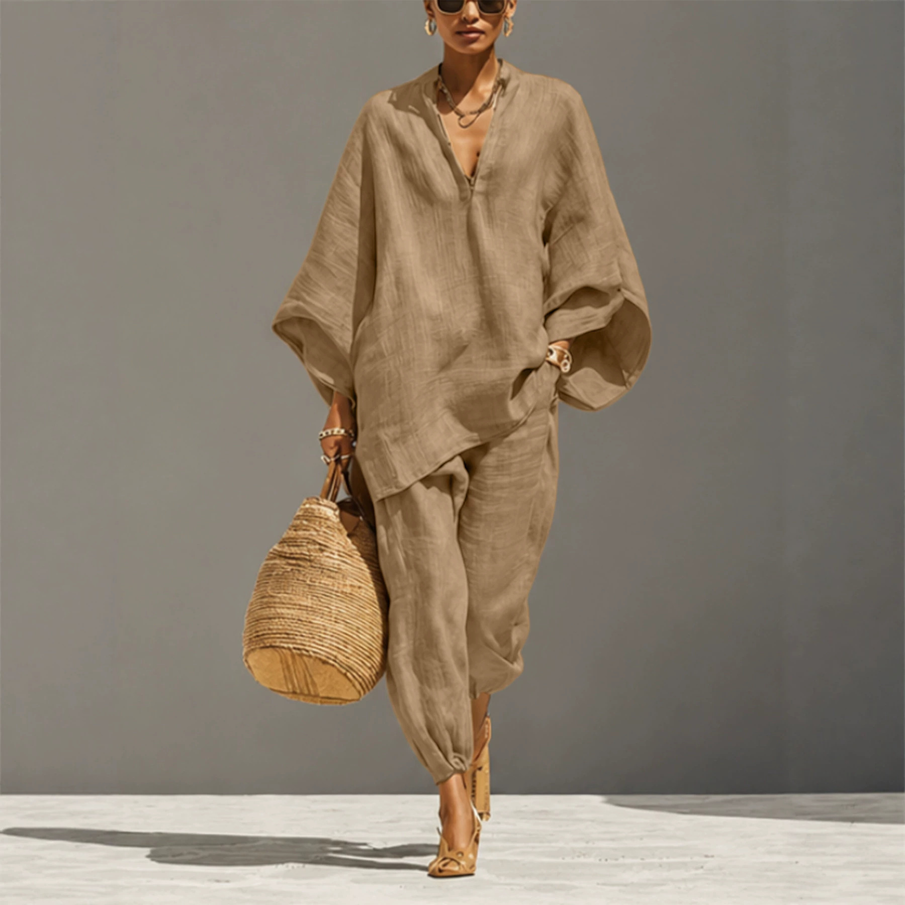 Women's Casual Batwing Sleeve V-Neck Loose Two-Piece Set