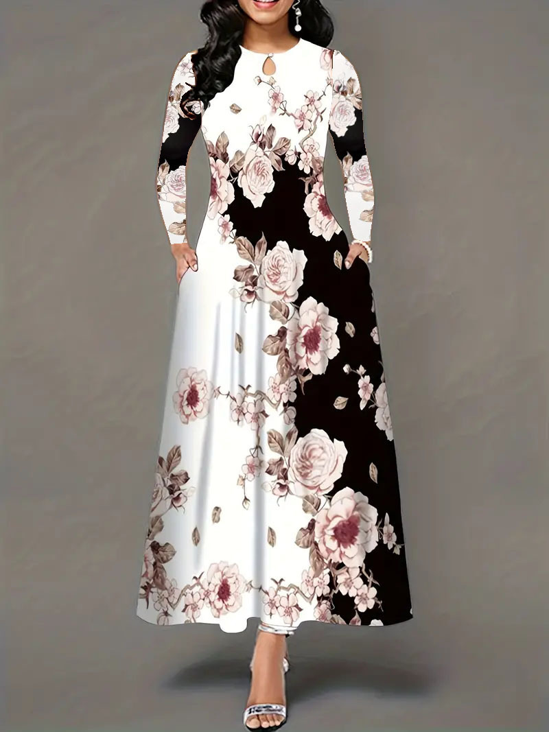 Women's Round Neck Long Sleeve Floral Print Pocket Waist-Fitted Maxi Dress