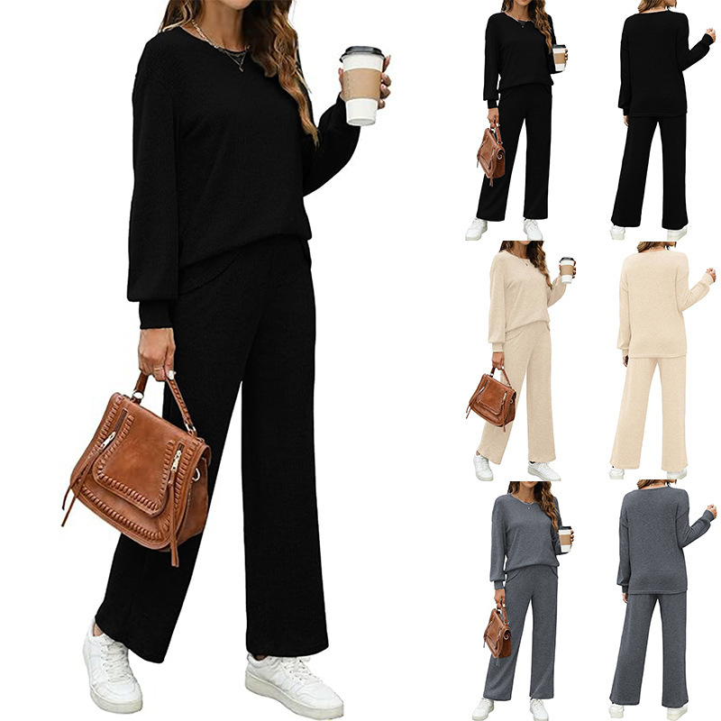 Minimalist Solid Knit Two-Piece Set: Crewneck Drop-Shoulder Long-Sleeve Top + High-Waist Wide-Leg Pants