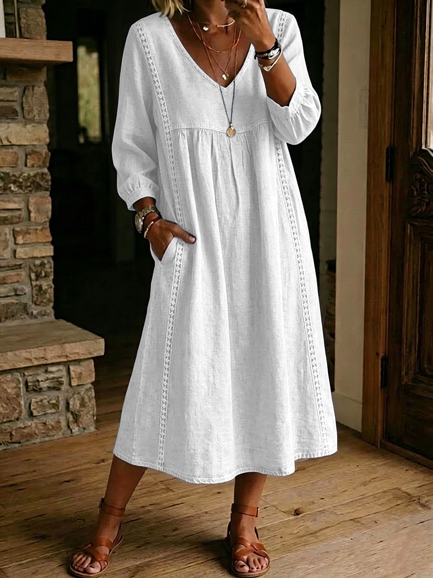 Solid V-Neck Lace-Trim A-Line Midi Dress